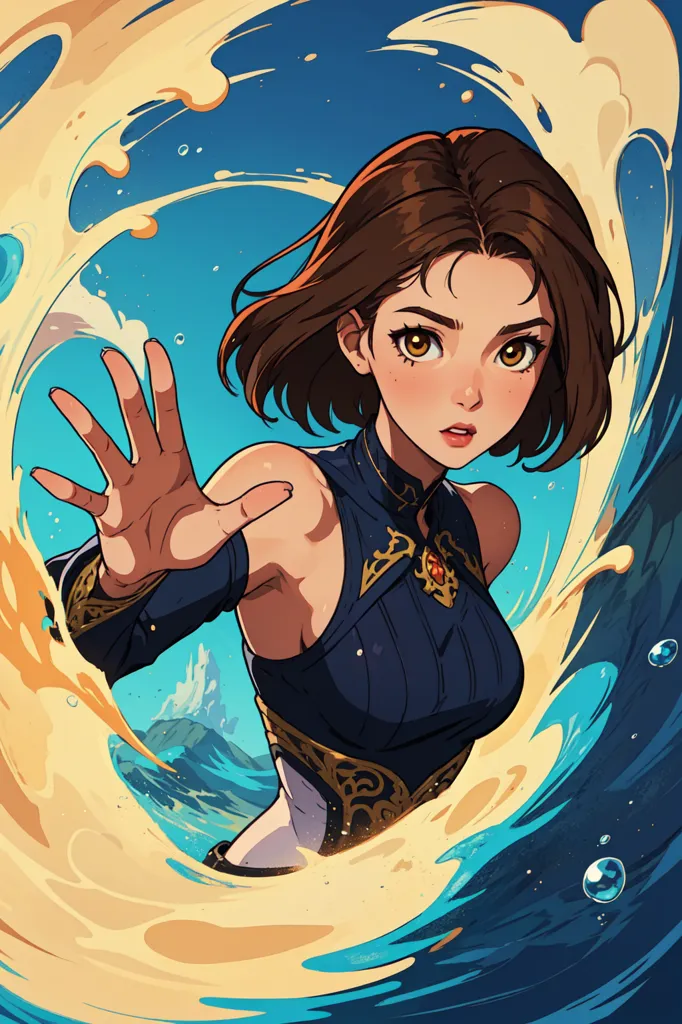 This is an illustration of a young woman with brown hair and brown eyes. She is wearing a blue sleeveless outfit with gold trim. She is standing in front of a blue background with a large wave of water behind her. She has one hand outstretched in front of her.