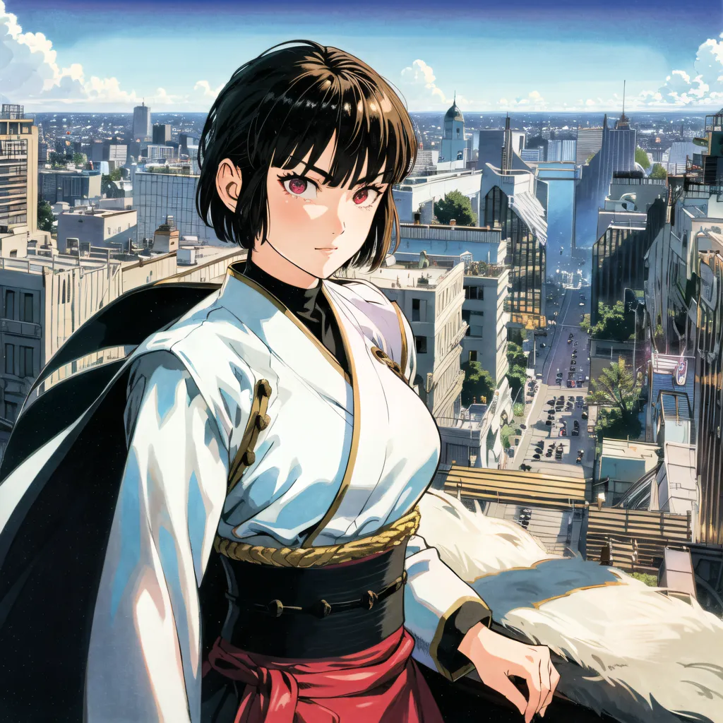 The image is of a young woman standing on a rooftop in a city. She is wearing a white kimono with a red sash and has short black hair and red eyes. The city is in the background and there are tall buildings and a river. The woman is looking at the view with her hand on her hip.