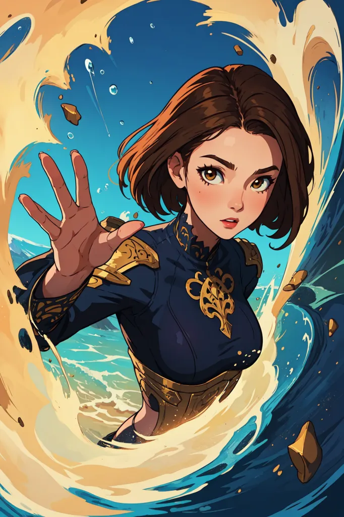 The image is of a young woman with brown hair and brown eyes. She is wearing a blue and gold outfit. She is standing in the ocean with her hand outstretched. She is surrounded by water and rocks. The image is very dynamic and has a lot of movement. The woman's expression is one of determination and focus. She is clearly focused on something and is determined to achieve it. The image is very well done and the artist has captured the woman's emotion and the movement of the water very well.