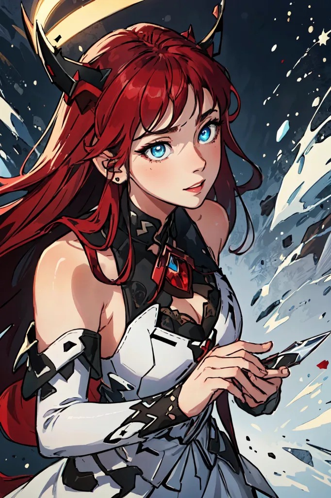 The image is a portrait of a young woman with red hair and blue eyes. She is wearing a white and red dress with a black choker. She has a halo above her head and horns protruding from her head. She is holding a knife in her right hand. The background is dark with a few stars.