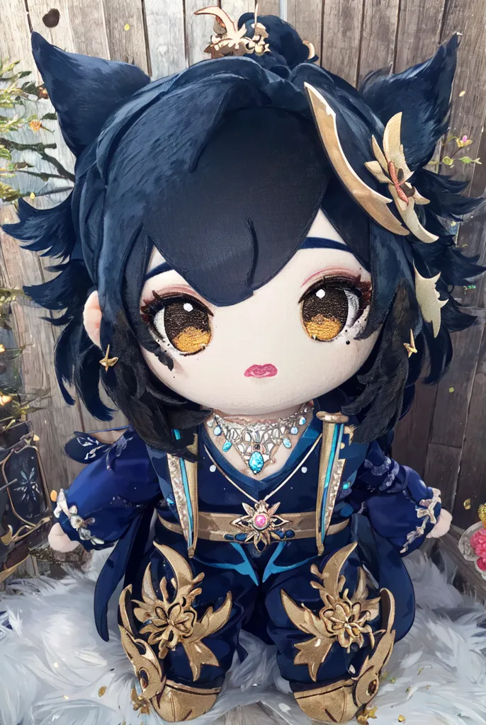 The image shows a plush doll of a character from the video game Genshin Impact. The character is named Xiao, and he is a young man with black hair and amber eyes. He is wearing a blue and gold outfit, and he has a cat-like tail and ears. The doll is very detailed, and it has a lot of intricate details, such as the gold embroidery on his clothes and the tiny bells on his necklace. The background of the image is a wooden fence.