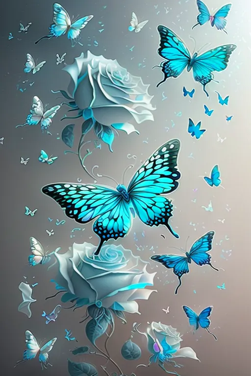 The image is a watercolor painting of blue and white flowers and butterflies. The flowers are roses, and the butterflies are various species. The painting has a soft, ethereal feel to it, and the colors are very calming. The butterflies are all different colors, including light blue, dark blue, purple, and green. The roses are white with a light blue outline. The painting is very detailed, and the artist has used a variety of techniques to create a sense of depth and realism. The overall effect is one of beauty and tranquility.