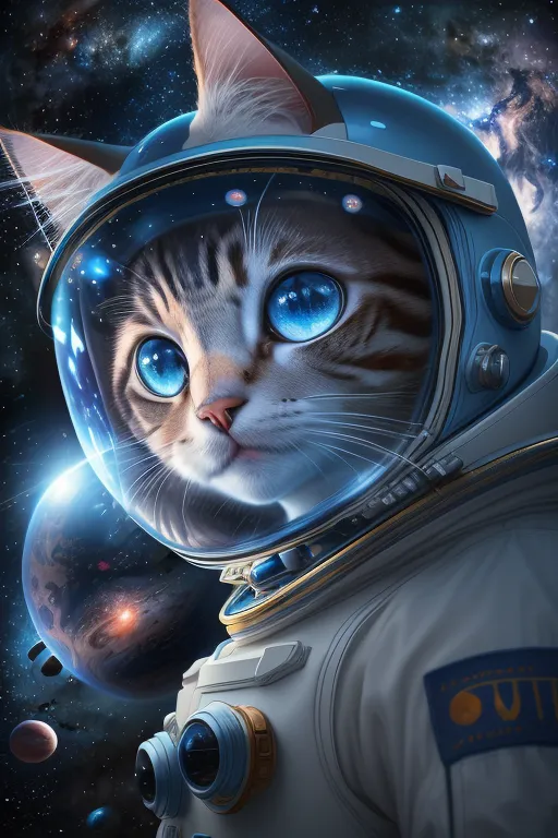 これは宇宙飛行士のヘルメットを被った猫の画像です。猫の目は青く、ヘルメットは青と白です。猫は画面の右を向いています。背景には星と惑星が見えます。