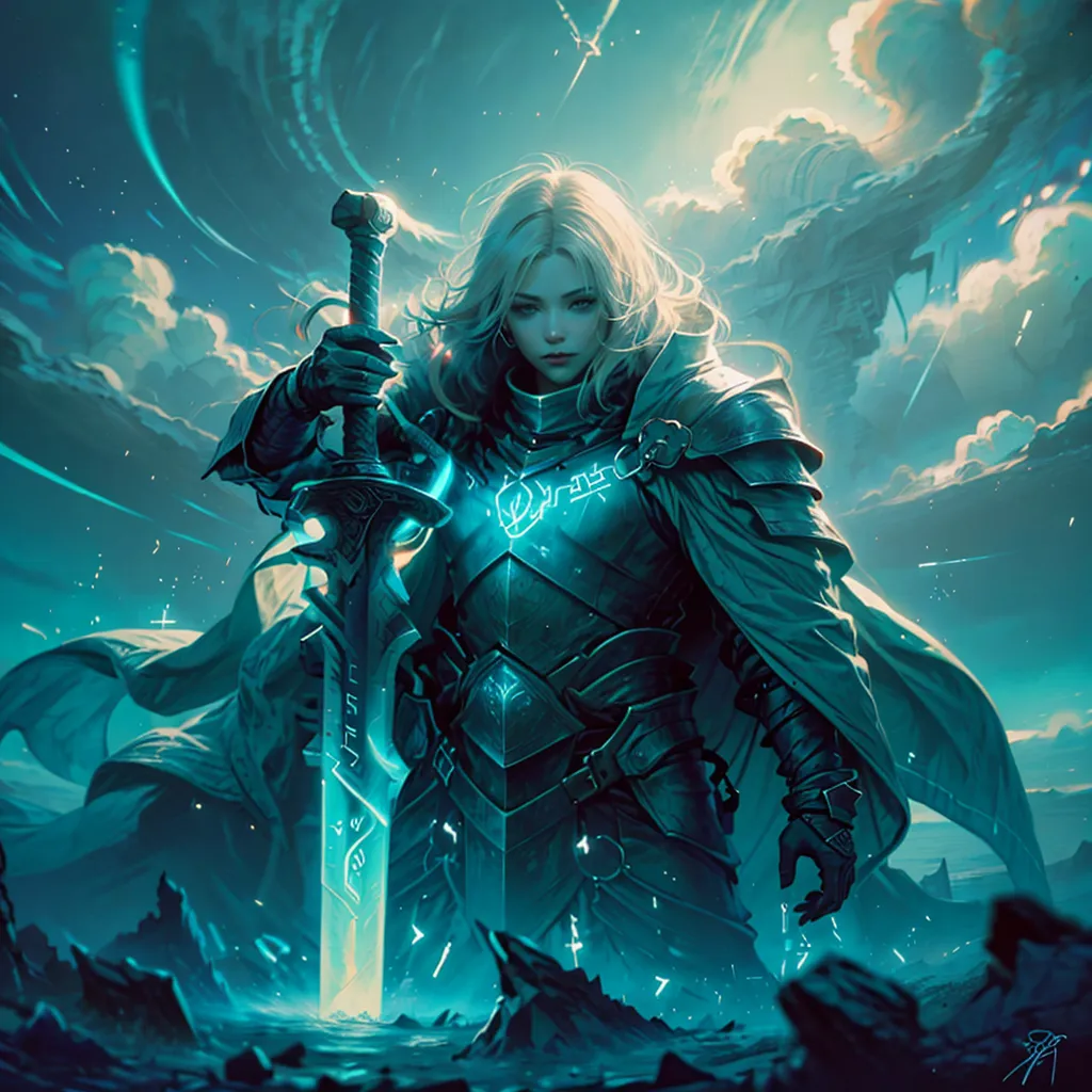 The image is of a woman standing in a blue, ethereal landscape. She is wearing silver armor and holding a sword. The woman has long blonde hair and blue eyes, and she is looking at the viewer with a determined expression. The background of the image is a swirling mass of blue clouds, and there are bolts of lightning in the distance.