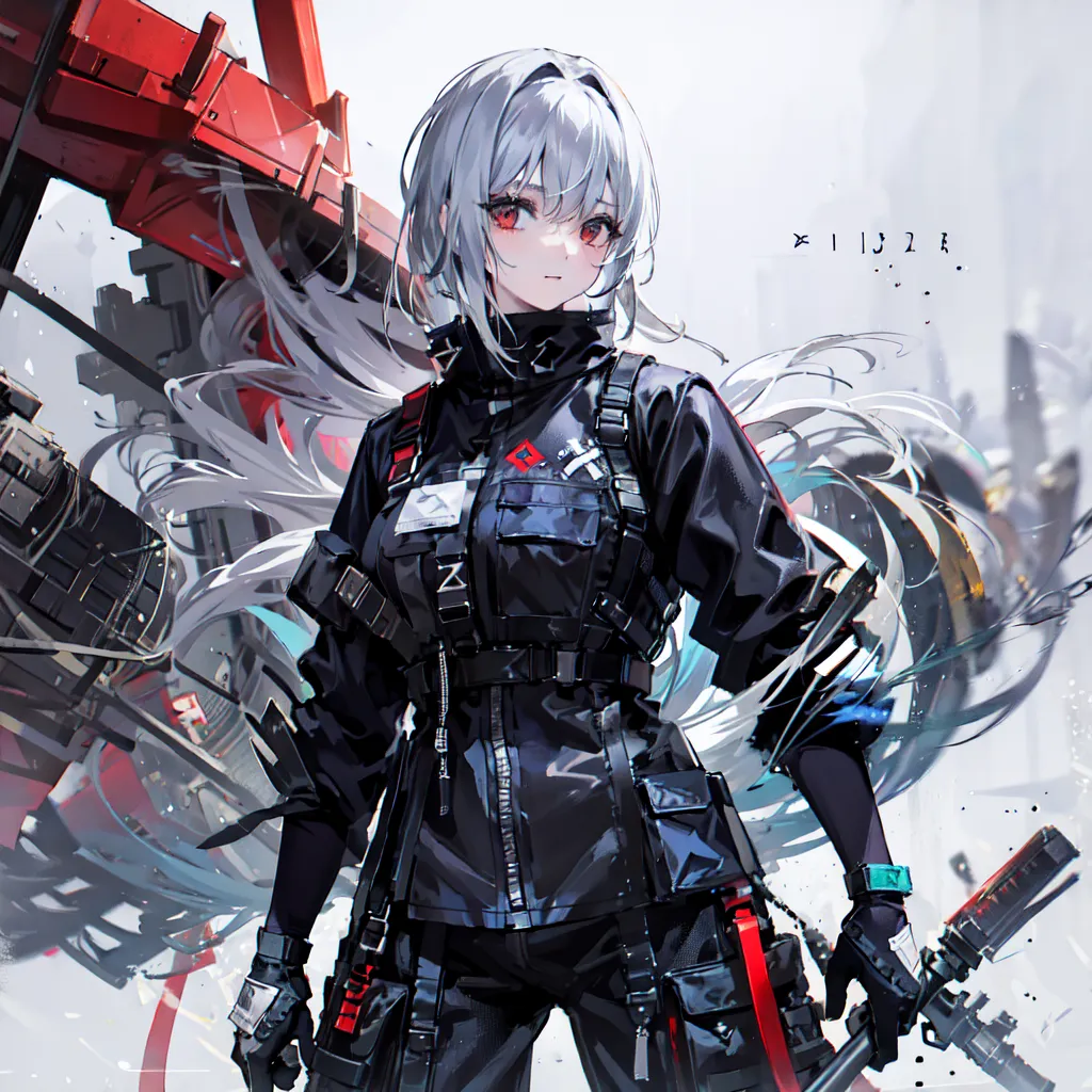 The image is a painting of a young woman with long white hair and red eyes. She is wearing a black military-style uniform with a red armband on her left arm. She is standing in front of a large red machine, and there is a city in the background. The image is very detailed, and the artist has used a variety of techniques to create a realistic and immersive scene.