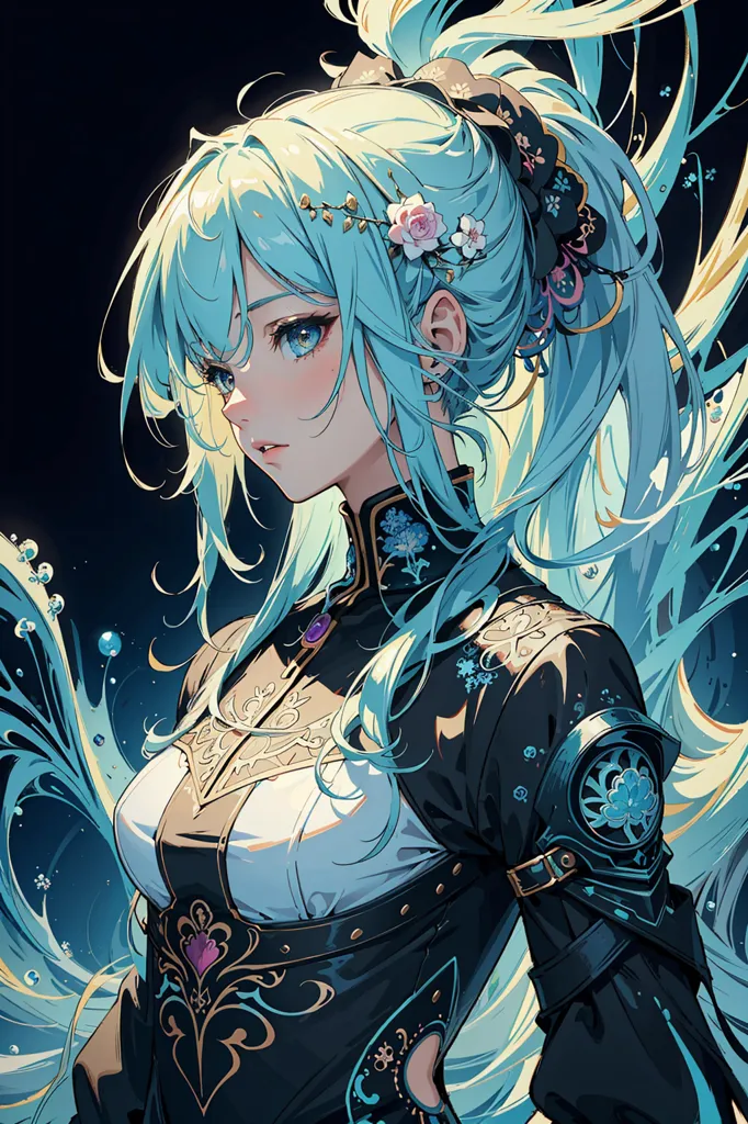 The image is a digital painting of a young woman with long, flowing green hair. She is wearing a black and white outfit with gold trim, and there are flowers in her hair. She has blue eyes and a gentle expression on her face. The background is dark blue, and there are water droplets floating around her.