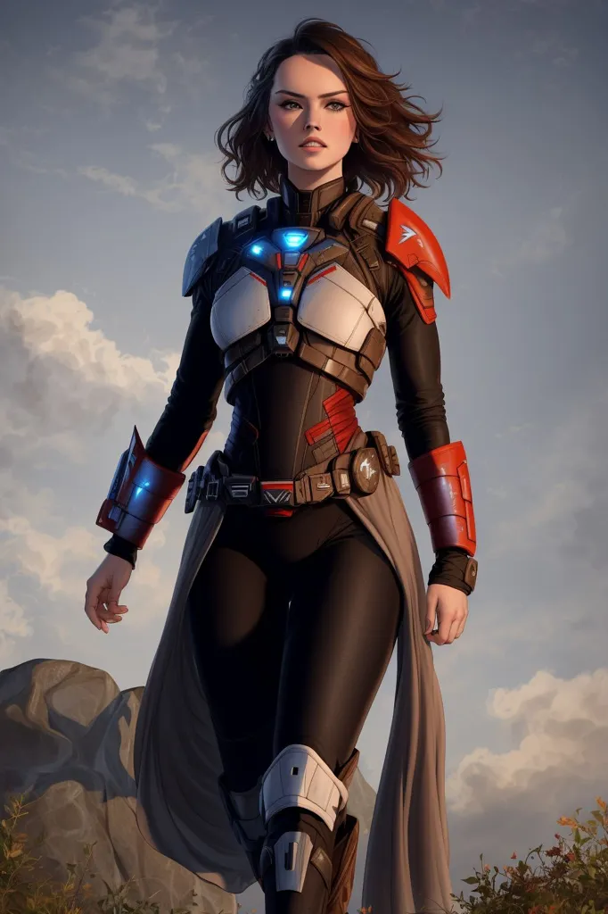 Ceci est une image d'une femme dans une tenue futuriste. Elle porte une combinaison noire et rouge avec un plastron blanc et bleu. Elle a également une ceinture marron et une cape blanche et rouge. Elle se tient sur une colline rocheuse avec un ciel nuageux en arrière-plan.