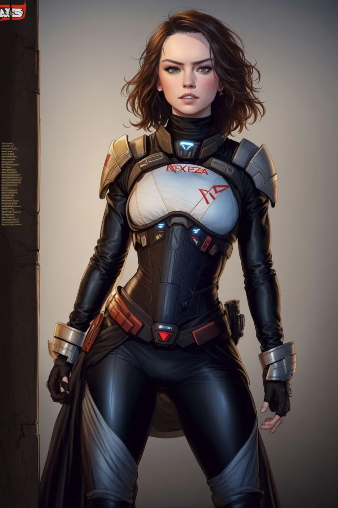 The image is of a young woman with short brown hair and light makeup. She is wearing a black and white bodysuit with a brown belt and a white and red chest plate. She is also wearing a black glove on her right hand and a brown glove on her left hand. She has a gun on her right hip and a knife on her left hip. She is standing in front of a stone wall with her left hand on her hip and her right hand holding the gun.