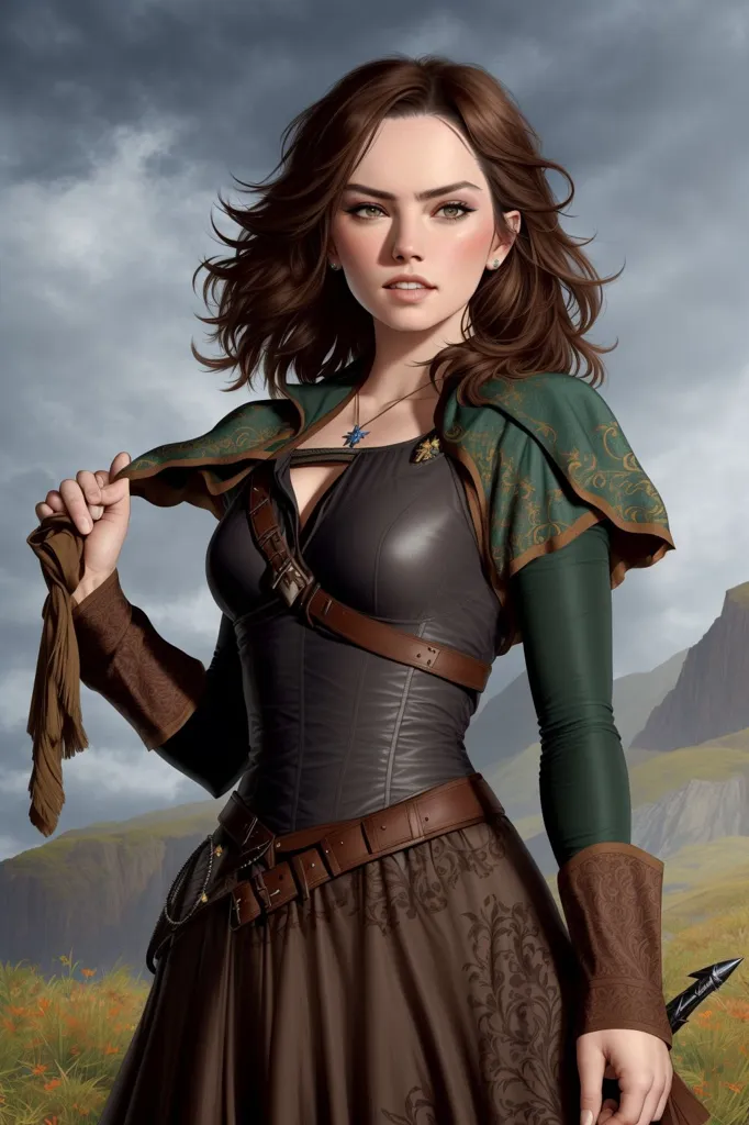 This image shows a woman with long brown hair and green eyes. She is wearing a brown leather bodice with a green shirt underneath. She also has a brown skirt and a green cape. She is holding a knife in her right hand and has a sword on her left hip. She is standing in a field of yellow flowers with a mountain in the background.