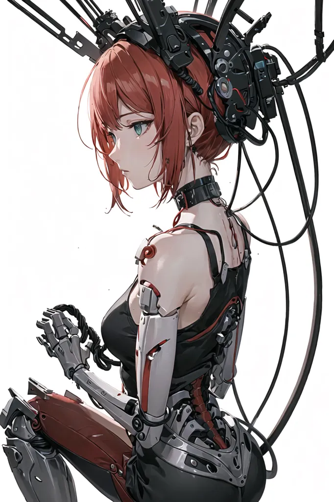 The image is a digital painting of a young woman with red hair and green eyes. She is wearing a black bodysuit with a red collar and has a number of cybernetic enhancements, including a robotic arm and leg, as well as a number of wires and cables attached to her head and body. She is sitting on a white background with a pensive expression on her face.