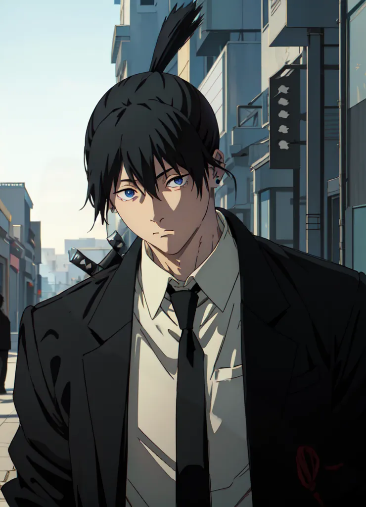 The image shows a young man with black hair and blue eyes. He is wearing a black suit and tie. He has a ponytail and a sword on his back. He is standing in a city street with other people walking in the background.