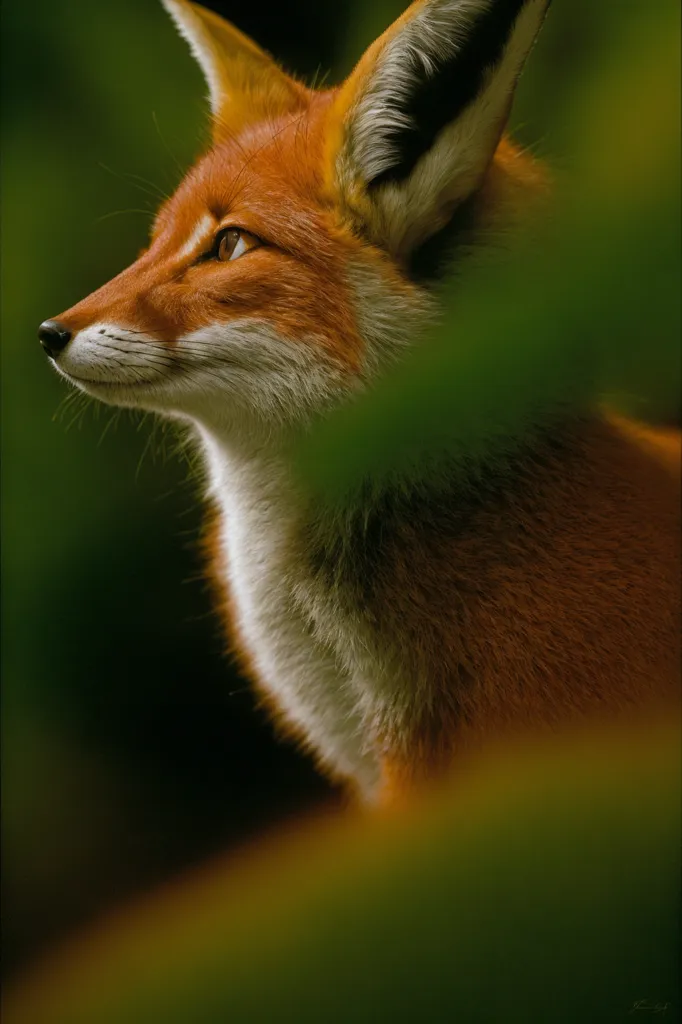 A red fox is standing in a forest. The fox is looking to the right of the frame. The background is green. The fox's fur is orange and white. The fox's eyes are yellow. The fox's nose is black. The fox's ears are pointed. The fox's tail is bushy.