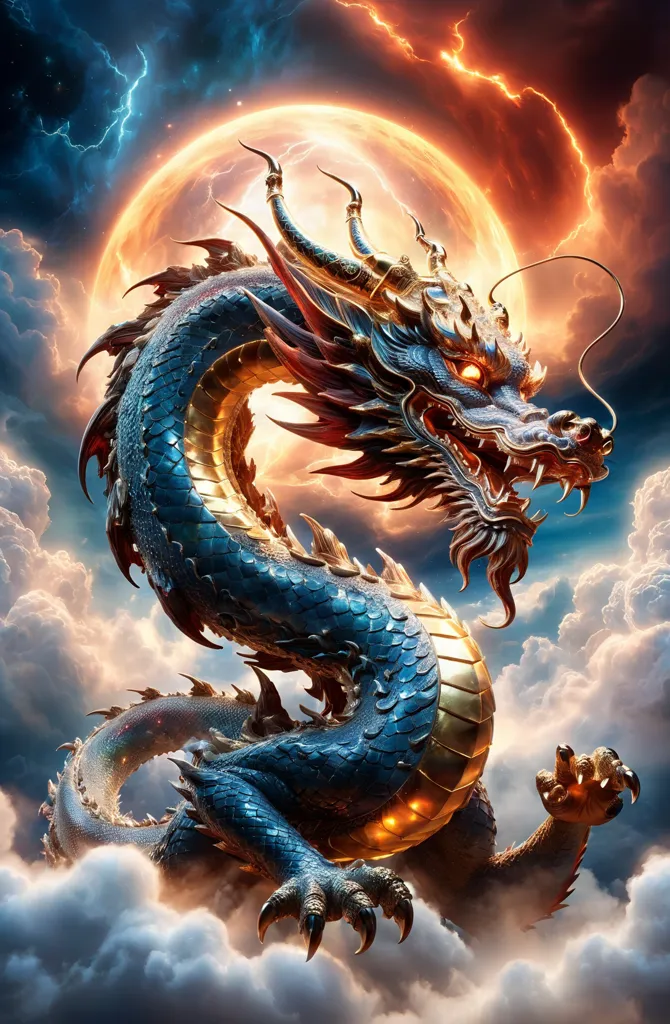 A magnificent blue and gold dragon soars through the clouds. The dragon has a long, serpentine body with a spiky mane and a pair of feathered wings. Its scales are a deep blue color, and its eyes are a bright gold. The dragon is surrounded by a stormy sky, with dark clouds and lightning bolts flashing in the background.