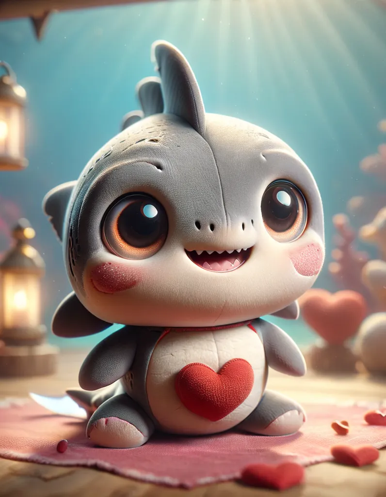 The image shows a cute and cuddly shark. It has big, round eyes, a small, heart-shaped nose, and a wide, smiling mouth. Its body is covered in soft, gray fur, and it has a red heart-shaped marking on its chest. The shark is sitting on a pink carpet, and there are red heart-shaped candies scattered around it. The background is a soft, blue color, and there are two lanterns in the distance. The shark is looking up at the viewer with a happy expression on its face.