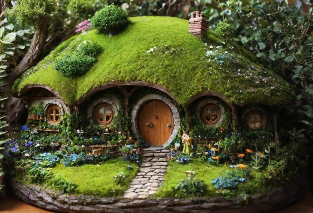 This is a model of a hobbit hole. It is a small, round house with a green roof. The door is round and there are two windows on each side. There is a path leading up to the door and there are some flowers and plants growing around the house. The house is surrounded by a lush green landscape with rolling hills and a river running through the valley.