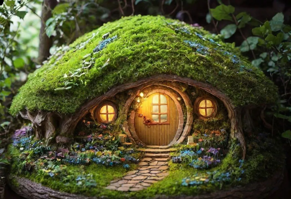 The image is a digital painting of a hobbit hole. The hobbit hole is a round, underground home with a thatched roof. It has a wooden door and two round windows. The hobbit hole is surrounded by a garden with flowers and plants. There is a path leading up to the hobbit hole. The image is very detailed and realistic.