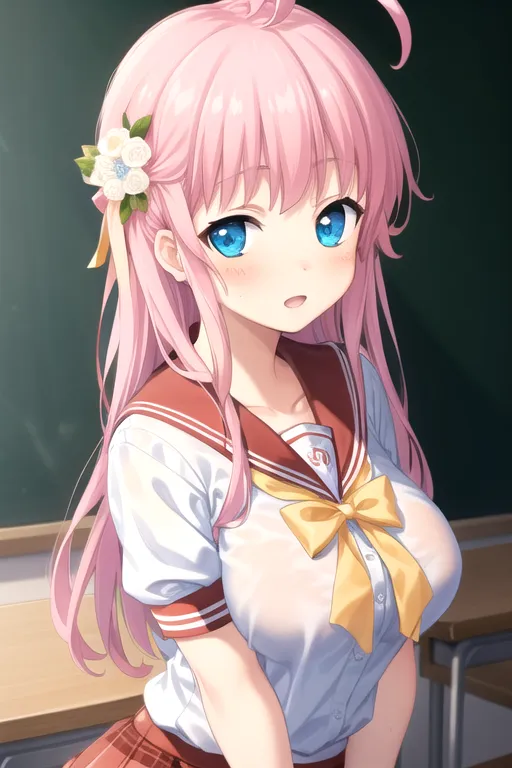 The image shows a young woman with pink hair and blue eyes. She is wearing a white shirt and a red skirt. The shirt is wet and clinging to her body, revealing her large breasts. She has a flower in her hair and is looking at the viewer with a shy expression. The background is a chalkboard.