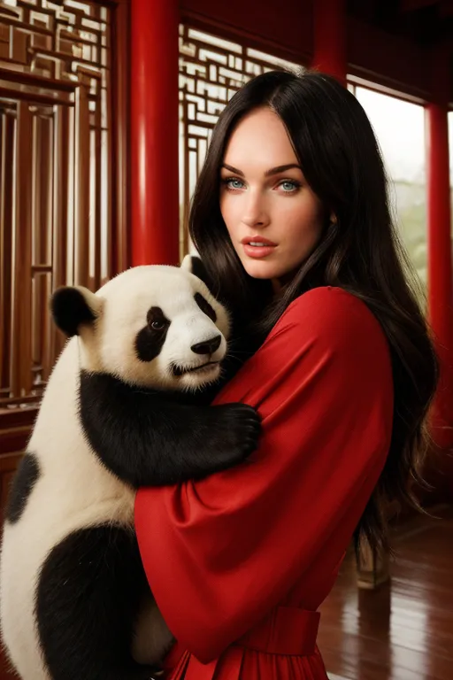 A young woman is pictured holding a panda. The woman is wearing a red dress and has long dark hair. The panda is black and white and has a curious expression on its face. The woman is smiling and has her arms wrapped around the panda. The background is a traditional Chinese-style room with red walls and columns.