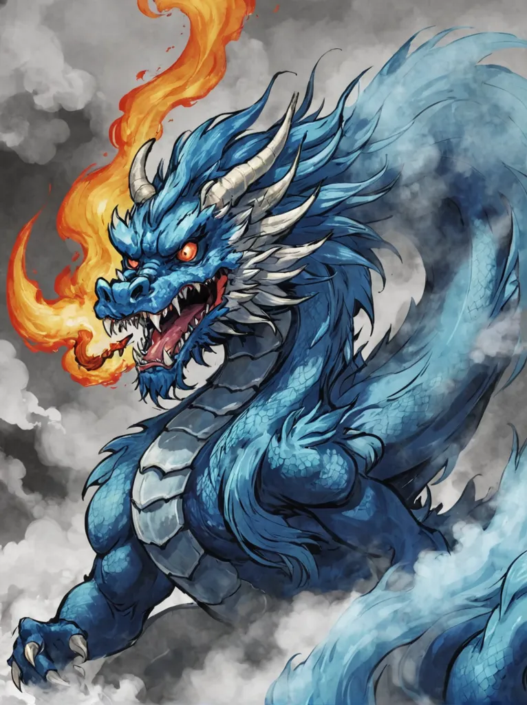 A majestic blue dragon is depicted in the image. The dragon has a long, serpentine body with shimmering blue scales. It has a pair of powerful wings and a long, forked tongue. The dragon's eyes are a deep, piercing red, and its teeth are sharp and gleaming. The dragon is breathing fire, and the flames are licking its lips. The background of the image is a stormy sky, with dark clouds and lightning bolts.