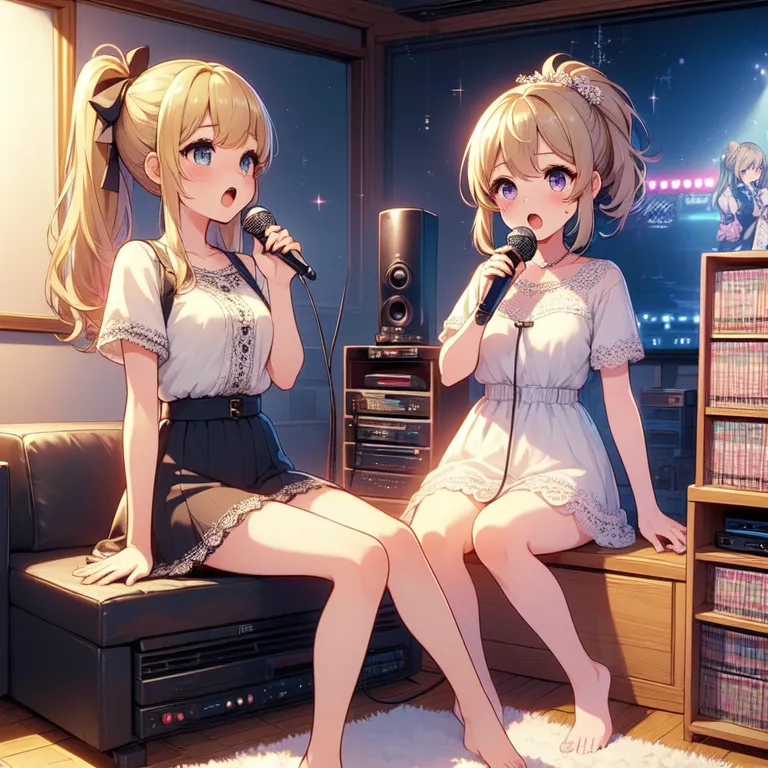 This is an image of two anime girls singing karaoke. They are both sitting on a couch and holding microphones. The girl on the left has blonde hair and is wearing a white dress. The girl on the right also has blonde hair and is wearing a white dress. They are both smiling and look like they are having a lot of fun. In the background, there is a shelf with books and a TV.