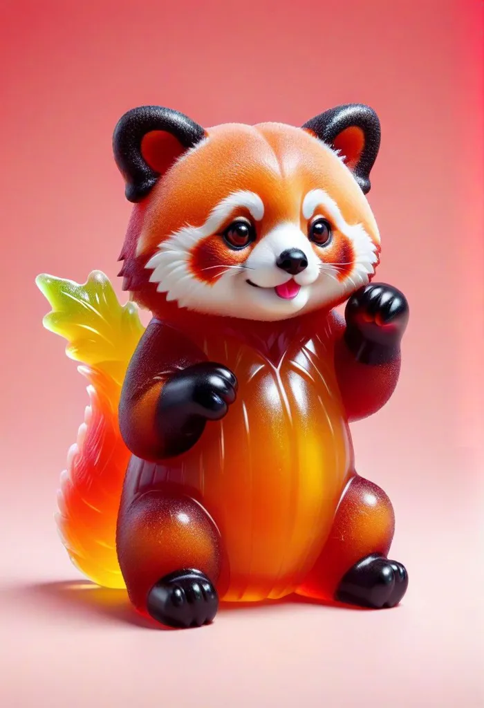 The image shows a cute red panda made of飴. It has black eyes, a black nose, and black ears. Its body is orange and white, and its tail is green and yellow. It is sitting on a pink background and is looking at the viewer with a happy expression.