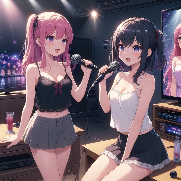 The image shows two anime girls singing karaoke. They are both wearing casual clothes and holding microphones. The girl on the left has pink hair and is wearing a black crop top and a gray skirt. The girl on the right has black hair and is wearing a white crop top and a black skirt. They are both smiling and look like they are having a lot of fun. In the background, there is a TV.