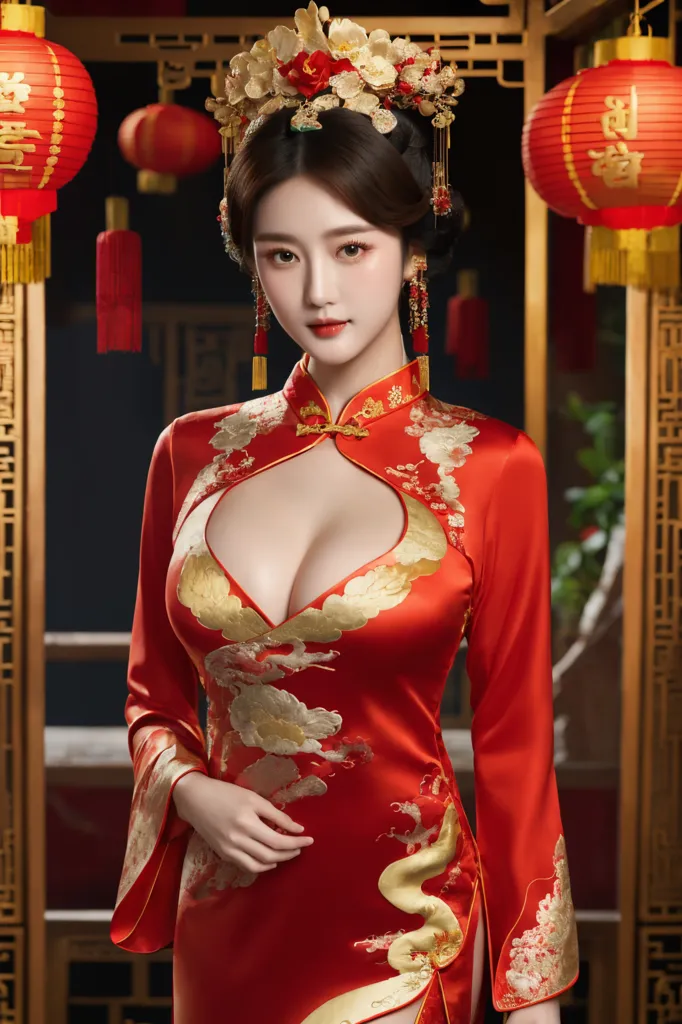 This is an image of a young woman wearing a red cheongsam. The cheongsam is a traditional Chinese dress that is typically worn for special occasions. This cheongsam is made of a red silk fabric and has a high collar and a slit on the side. The woman is also wearing a traditional Chinese hairstyle and makeup.