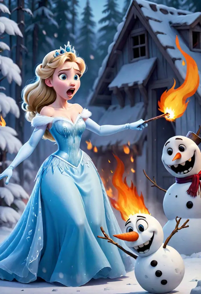 A beautiful princess stands in the snow, looking at two snowmen. One snowman is on fire, and the princess is holding a wand, which is probably what caused the snowman to be on fire. The other snowman is beside the burning snowman, looking at the princess. The princess is wearing a blue dress with a white cape. She has long blond hair and blue eyes. The snowmen are both made of two snowballs, with twigs for arms, and they are both wearing red scarves. The scene takes place in a forest, with snow-covered trees and a small cottage in the background.