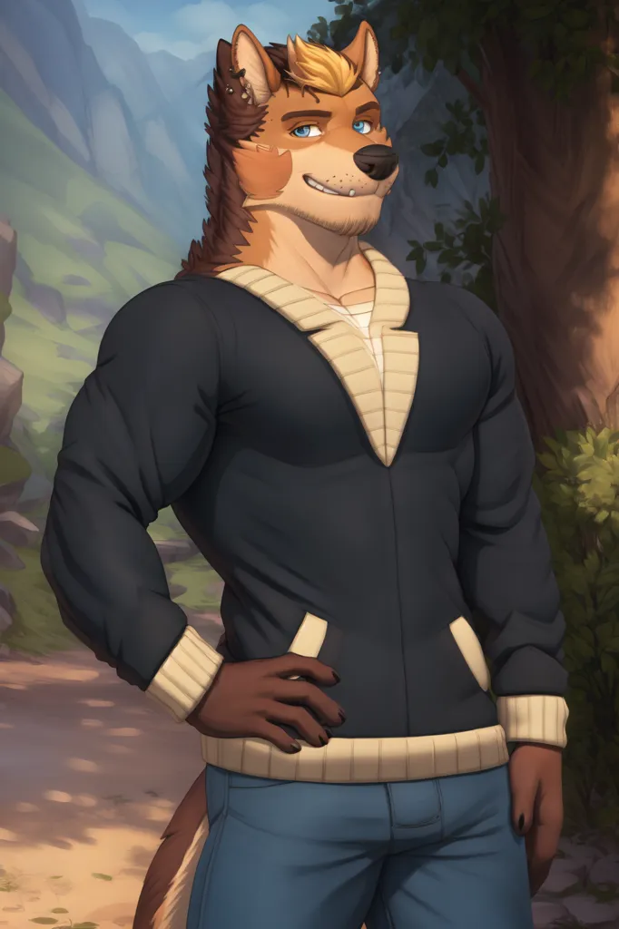 The image is of a muscular wolf anthropomorphic character with brown fur and blue eyes. He is wearing a black sweater and blue jeans. He has a confident expression on his face and is standing in a relaxed pose, one hand on his hip. The background is a blurred forest scene with mountains in the distance.