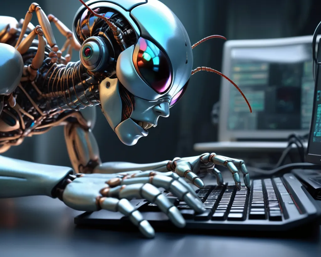 The image shows a humanoid robot with an insectile head. The robot is crouched in front of a laptop, and is in the process of typing on the keyboard. The robot is made of metal, and has a silver finish. Its eyes are blue, and its mouth is open. The background of the image is a dark room, with a computer monitor in the distance.