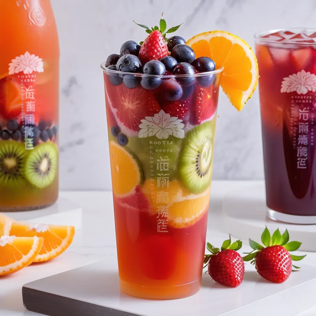 This is a picture of a fruit tea with layers of different fruits. There are strawberries, blueberries, grapes, oranges, and kiwis. The tea is served in a tall glass with a clear view of the layers of fruit. The colors of the fruit are bright and vibrant. The tea is a beautiful and refreshing drink that is perfect for a hot summer day.