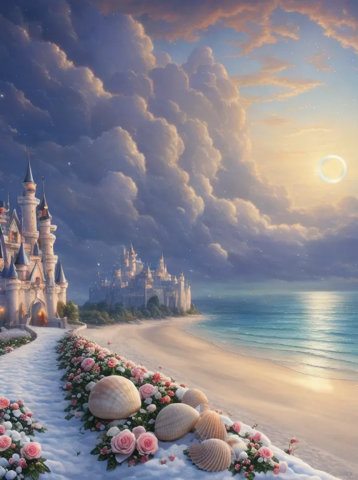 The image is a beautiful fantasy landscape. There is a castle on the right side of the image, with a long path leading up to it. The path is lined with pink flowers and white seashells. The castle is made of white stone and has a blue roof. There are clouds in the sky and a large moon. The water is a deep blue color and there are waves crashing on the shore. The beach is covered in white sand. The sky is a gradient of pink, orange, yellow, and blue. There are two large clouds in the sky, one white and one pink. The moon is a crescent moon and is yellow in color.