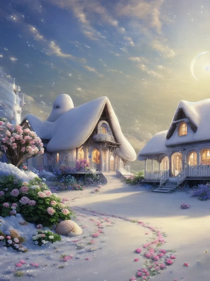 The image shows two small cottages in a snowy landscape. The cottages are made of wood and have snow-covered roofs. There are trees and bushes in the foreground, and a full moon in the background. The sky is a light blue color, and there are stars twinkling in the sky. There is a pink rose bush in the front left corner of the image, and there are pink rose petals scattered on the ground. There is a snail shell on the ground in the front left corner of the image.