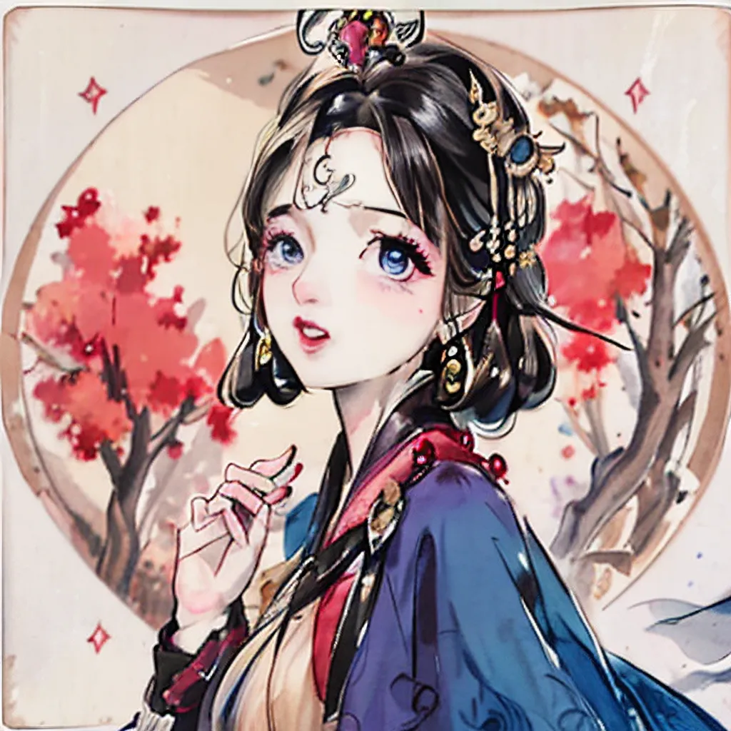 The image is a painting of a young woman in a blue and purple robe with elaborate hair and jewelry. She has blue eyes and a beauty mark on her right cheek. She is standing in front of a red tree and there is a full moon behind her.