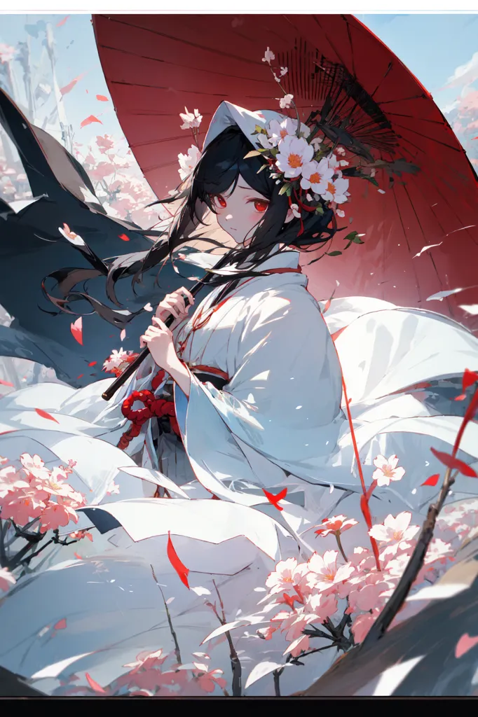 The picture shows a girl wearing a white kimono with red and pink details. The kimono has a long white cloth attached to the back of the belt. She has long black hair with white flowers in it. She is holding a red umbrella in her right hand. She is standing in a field of white and pink cherry blossoms. There is a dark shadow figure behind her.