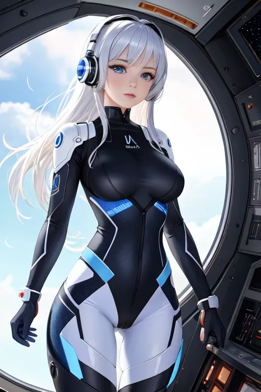 The image shows a beautiful anime girl with white hair and blue eyes. She is wearing a black and blue bodysuit with a white collar. She is also wearing a pair of headphones. She is standing in a spaceship, and there is a window behind her.