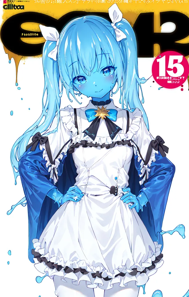 The image is of a blue-haired anime girl with blue eyes and a beauty mark under her left eye. She is wearing a white dress with a blue bow and has blue ribbons in her hair. She is also wearing a white apron. She has a shy expression on her face and is looking at the viewer with her head tilted slightly to the right. The background is white with blue paint splatters.