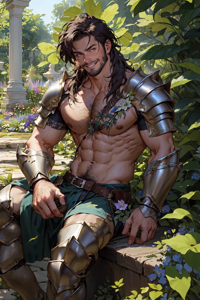 This is an image of a muscular, shirtless man with long brown hair and green eyes. He is wearing silver armor on his shoulders and legs and a green kilt. He has a friendly smile on his face and is sitting on a stone bench in a lush garden with one hand resting on his knee and the other hand hanging by his side. There are small purple and blue flowers in the foreground and white marble columns in the background.