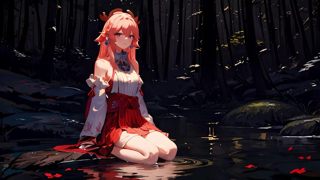 The image is of a young woman with pink hair and red eyes. She is wearing a white and red kimono. She is sitting on a rock in a river. The water is clear and you can see her reflection in it. There are trees on the banks of the river and they are reflected in the water as well. The sun is shining through the trees and it creates a dappled pattern on the water. The woman is looking down at the water and she seems to be lost in thought.