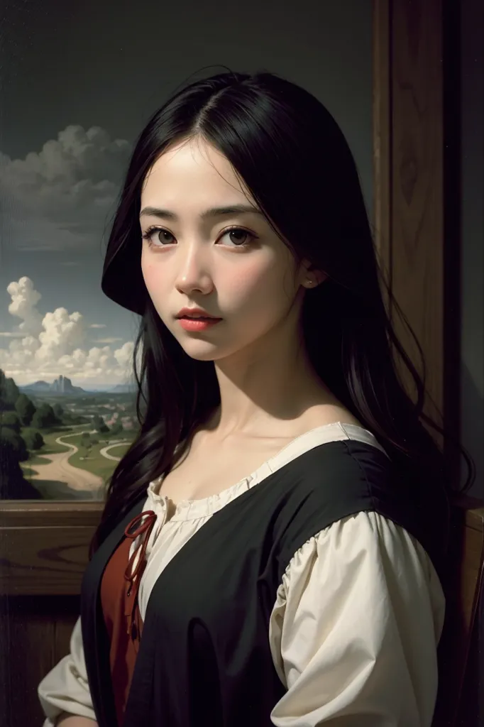 L'image est un portrait d'une jeune femme aux longs cheveux noirs et aux yeux bruns. Elle porte une robe noire et blanche avec un ruban rouge au cou. La femme est assise devant une fenêtre avec un tableau de paysage en arrière-plan. Le tableau représente une vallée avec une rivière qui la traverse et des montagnes à l'horizon. La femme regarde le spectateur avec une expression sérieuse.