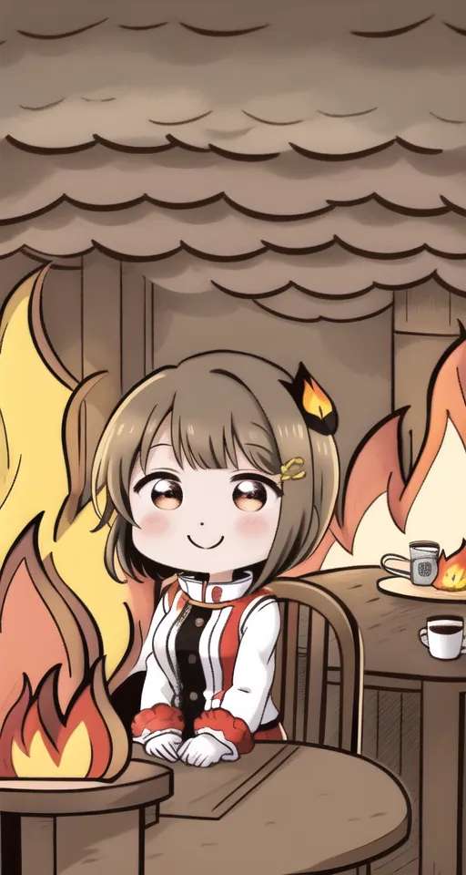 This is an illustration of a girl sitting in a burning house. The girl has short brown hair and brown eyes. She is wearing a white shirt and a red jacket. She is sitting at a table with a cup of coffee. There is a fire burning in the fireplace behind her. The girl is smiling and has her hands folded on the table.