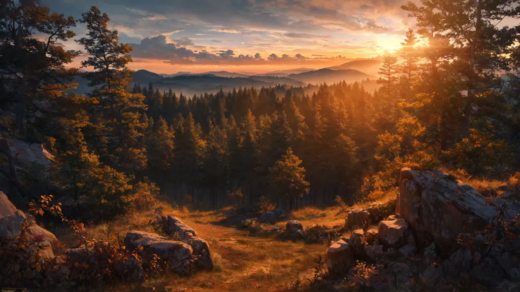 L'image est un magnifique paysage d'une forêt au coucher du soleil. Le soleil se couche derrière les montagnes à l'horizon, et le ciel est un dégradé d'orange, de jaune, de rose et de bleu. La forêt est remplie de grands arbres verts, et le sol est recouvert d'un tapis de feuilles brunes. Il y a un gros rocher au premier plan de l'image, et un petit sentier qui s'éloigne dans la distance. L'effet global de l'image est un sentiment de paix et de tranquillité.