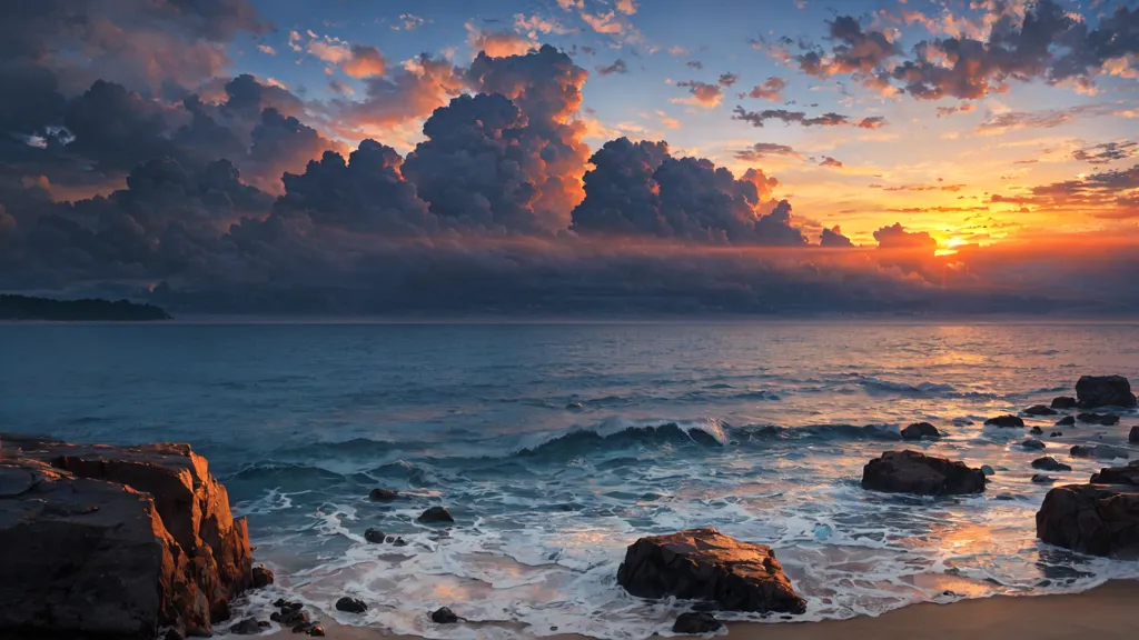 L'image montre un paysage marin avec une plage rocheuse au premier plan. La mer est agitée et houleuse, avec de grosses vagues s'écrasant contre les rochers. Le ciel est nuageux, avec des nuages sombres qui se forment à l'horizon. Le soleil se couche, projetant une lueur dorée sur la scène.