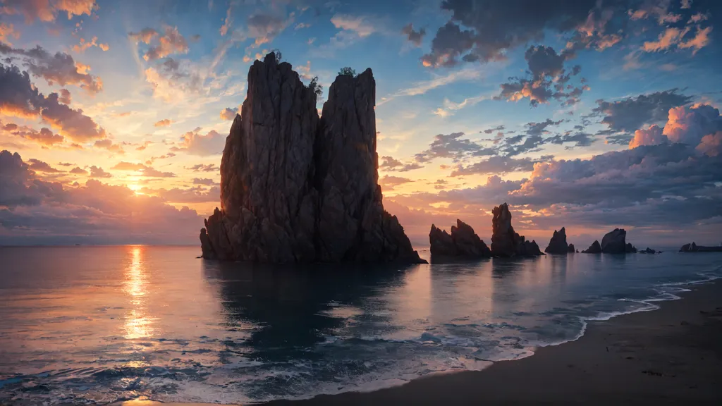 A imagem mostra uma praia rochosa ao pôr do sol. O céu é um gradiente de laranja, amarelo, rosa e azul, com nuvens espalhadas por todo o lado. O sol está se pondo no horizonte, lançando um brilho dourado sobre a água. A praia é coberta por grandes rochas escuras, com uma pequena quantidade de areia visível. As ondas estão batendo suavemente contra as rochas. Há uma formação rochosa no centro da imagem que parece um castelo ou torre.