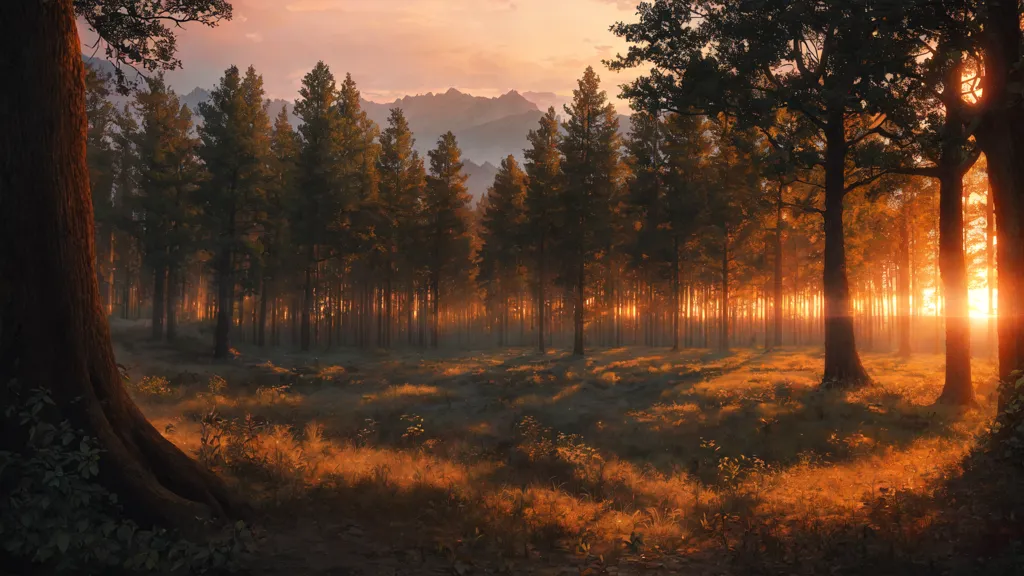 A imagem é uma bela paisagem de uma floresta ao pôr do sol. O sol está se pondo atrás das árvores, lançando um brilho quente sobre a cena. As árvores são altas e majestosas, e as folhas são de um verde exuberante. O chão é coberto por uma espessa camada de musgo, e há várias rochas grandes espalhadas pela floresta. Ao longe, há uma cordilheira, com os picos cobertos de neve. O céu é de um azul profundo, e há várias nuvens pontilhando o céu. A imagem é pacífica e serena, e captura a beleza da natureza em seu melhor.