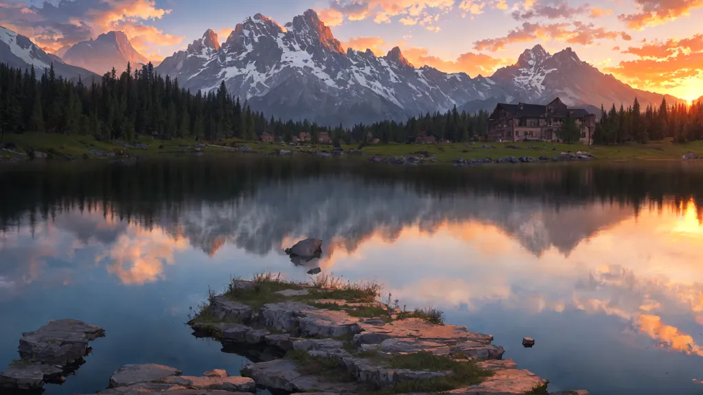 この画像は、湖が手前にある美しい山の風景を示しています。湖の水は穏やかで静かで、上空の空を反射しています。背景には木々や山々があり、その後ろに夕日が沈んでいます。画像の右側には家が見えます。空は、オレンジ、黄色、ピンク、青のグラデーションになっています。この画像は非常に穏やかで落ち着いた雰囲気です。