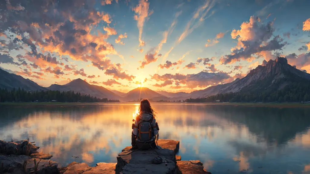 The image shows a person sitting on a rock at the edge of a lake, with their back to the viewer. The sky is a mix of blue and light orange, with some clouds. The sun is setting over the mountains in the distance. There are trees on the shore of the lake, and mountains in the background. The sky is reflecting off the surface of the lake. The person is wearing a backpack and is looking out at the view.