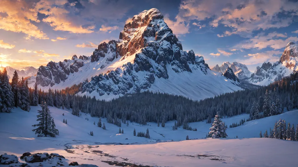 A imagem mostra uma montanha coberta de neve ao fundo, com um grande vale à sua frente. O vale está coberto de neve e há algumas árvores espalhadas. O céu está azul e há algumas nuvens. O sol brilha sobre a montanha e a neve está cintilando.