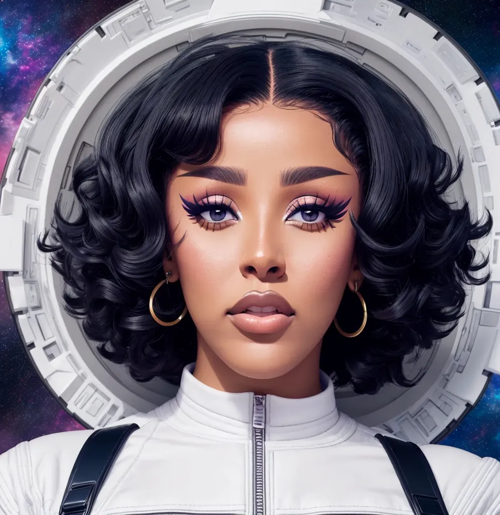 The image shows a young woman with black hair and dark skin. She is wearing a white spacesuit with a clear bubble helmet. The spacesuit has a black collar and black shoulder pads. The woman's hair is styled in a bob with bangs. Her makeup is dramatic, with heavy eyeliner and eyeshadow. She is looking at the viewer with her head tilted slightly to the right. The background of the image is a starry night sky with a planet in the distance.