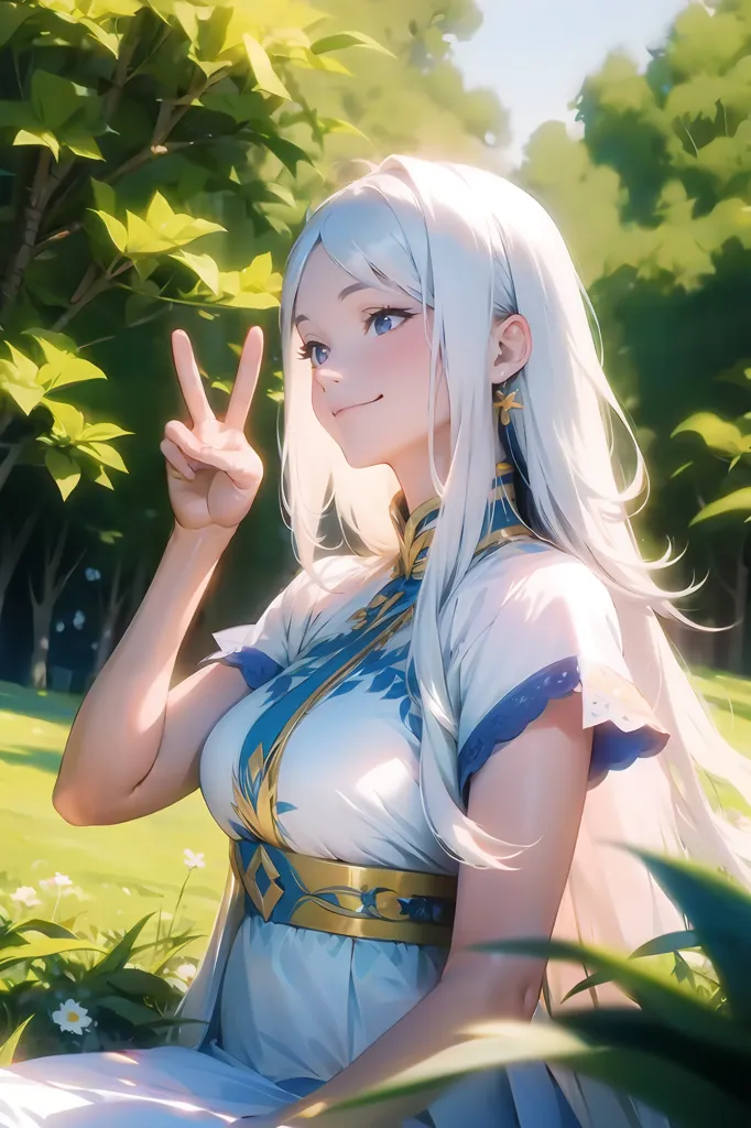 The image is a portrait of a young woman with long white hair and blue eyes. She is wearing a white and blue dress with a blue sash and has a gentle smile on her face. She is sitting in a field of green grass and flowers and has one hand raised in a peace sign. The background is a blur of green leaves and the sun can be seen shining through the trees.